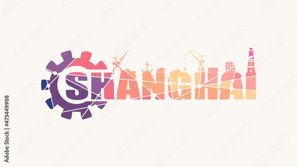 Fototapeta premium Gear with sea shipping relative silhouettes. Calligraphy inscription. Shanghai city name text