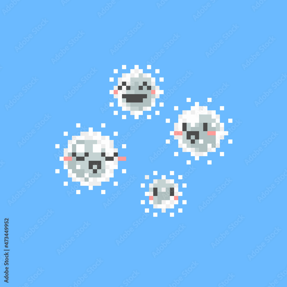 Pixel art set of little cute snow flake character.