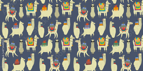 Cute alpaca character. Funny llamas family with luggage. Seamless pattern for your design