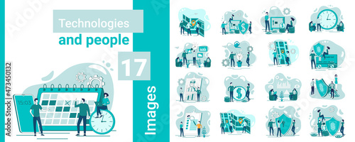 Technologies and people.A set of illustrations in business style.A collection of images on the topic of business relations and technology.Flat vector illustration.