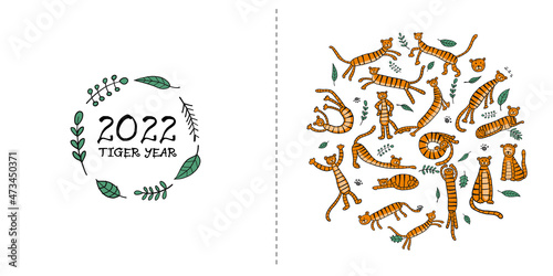 Funny Tigers Family, animal characters. Symbol of 2022 New Year. Design Templ...