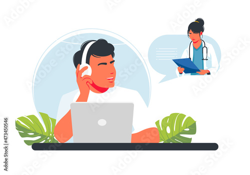 A man receives an online doctor consultation at home. Doctor recommends medications via video link. Live chat. Patient meets with an online doctor via the laptop application. Vector illustration