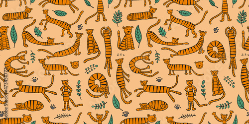 Collection of tigers and tropical leaves. Seamless Pattern for your design