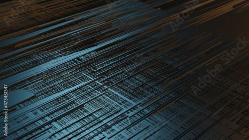3d rendering metallic illustration background. Digital sketch on colorful wall. Abstract fractal background with various color lines and strips. Microchip, cyber futuristic, data center.