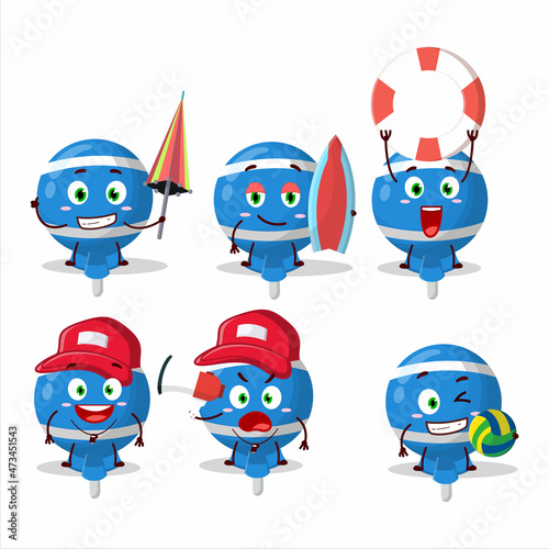 Happy Face blue lolipop wrapped cartoon character playing on a beach