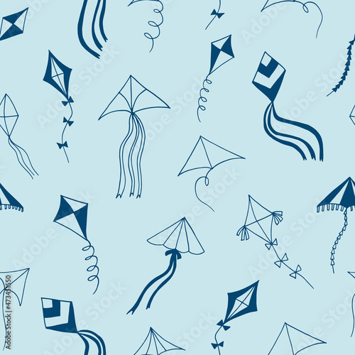 kites seamless pattern hand drawn doodle. vector, minimalism, scandinavian, monochrome, trendy colors 2022. toy, sky, wind, flying, ribbon, tail. wallpaper, textile, background, wrapping paper.