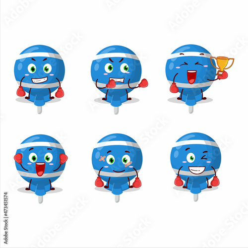 A sporty blue lolipop wrapped boxing athlete cartoon mascot design