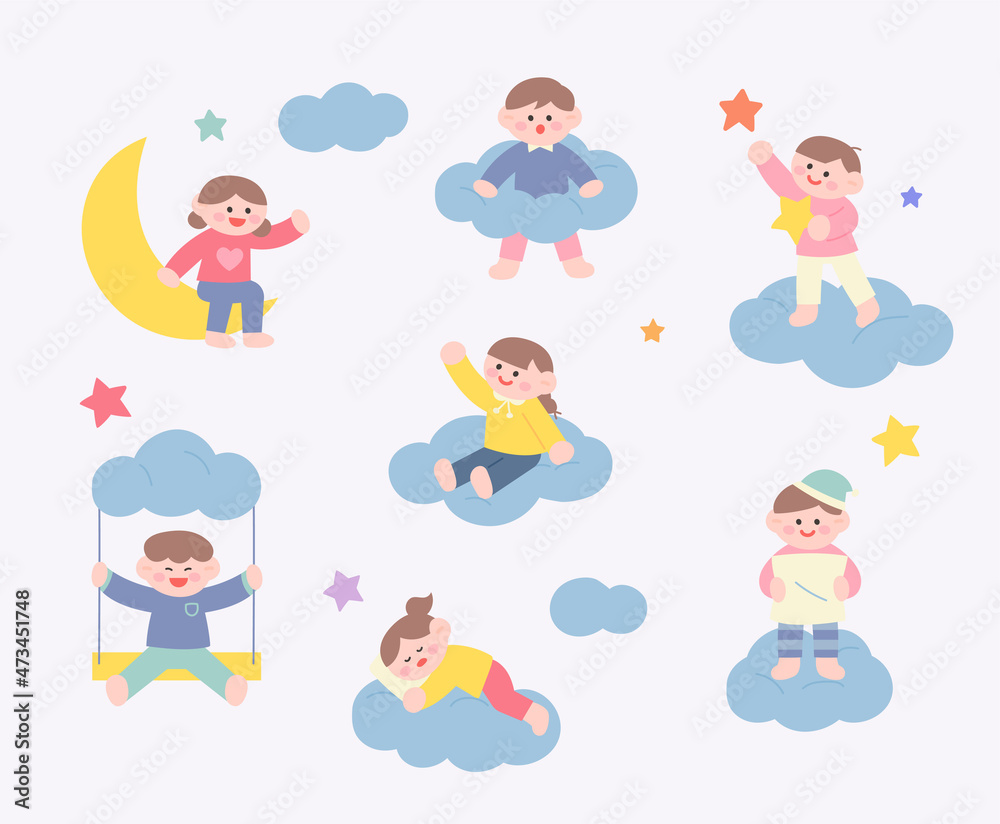 Cute children are playing on the clouds. flat design style vector illustration. Cute children are playing on the clouds. flat design style vector illustration.