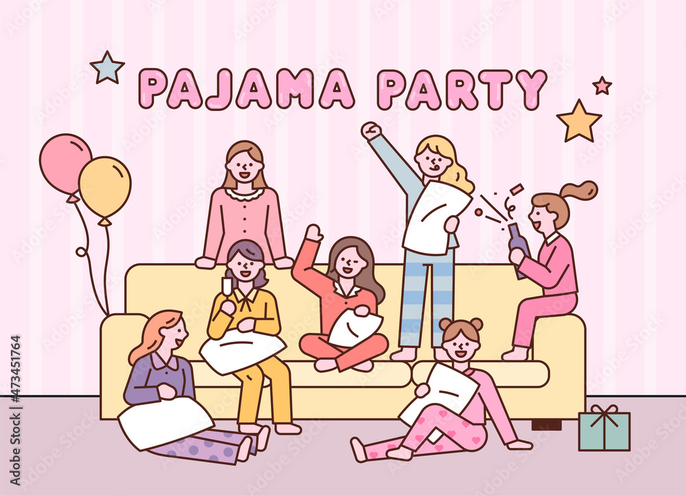 Cute little girls are having a pajama party while sitting around the sofa. flat design style vector illustration. Cute little girls are having a pajama party while sitting around the sofa. flat design style vector illustration.