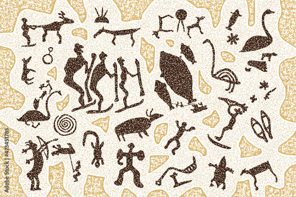 Panel on the ethnic theme. A series of petroglyphs, rock paintings. Vector design.