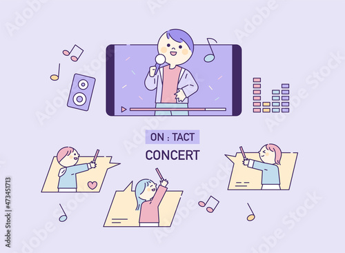 People are enjoying the concert on mobile. flat design style vector illustration.