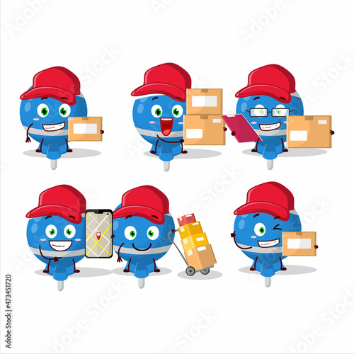 Cartoon character design of blue lolipop wrapped working as a courier