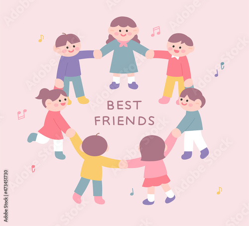Cute children holding each other s hands and standing in a circle. flat design style vector illustration.