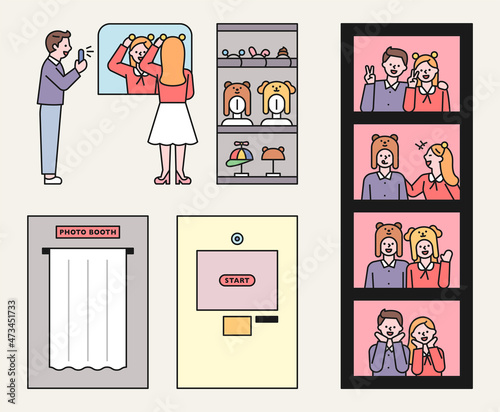 Photo booth, couples are taking instant photos. Cute wig and playful pose. flat design style vector illustration.
