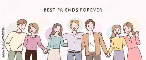 Best friends forever. Many people are shoulder-to-shoulder and holding hands. flat design style vector illustration.
