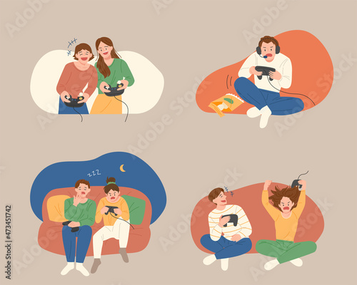 People are playing console games. flat design style vector illustration.