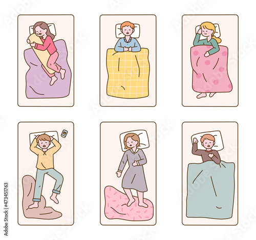 Different postures of sleeping people. flat design style vector illustration.