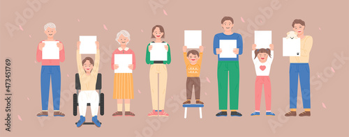 People of different ages are standing with square boards. flat design style vector illustration.