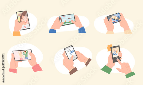 Various screens of smartphones and hands holding phones. flat design style vector illustration.