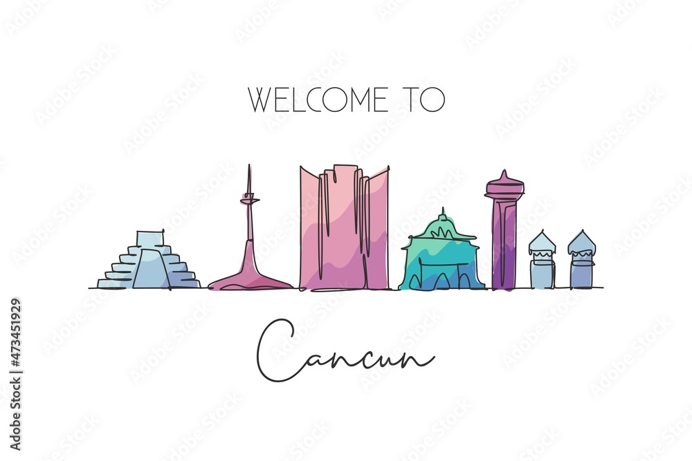 One continuous line drawing Cancun city skyline, Mexico. Beautiful landmark postcard. World landscape tourism and travel vacation. Editable stylish stroke single line draw design vector illustration