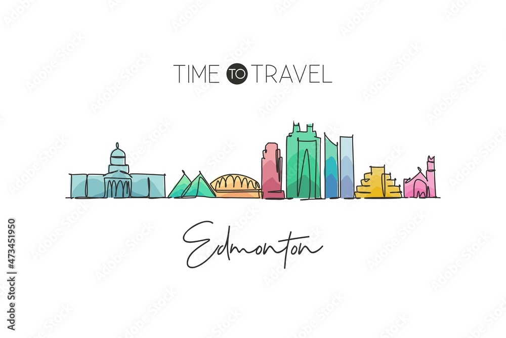 One single line drawing of Edmonton city skyline, Canada. World