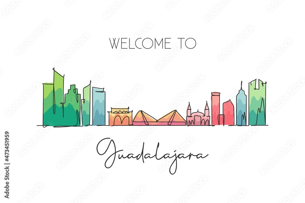 One continuous line drawing Guadalajara city skyline, Mexico. Beautiful landmark postcard. World landscape tourism travel vacation. Editable stylish stroke single line draw design vector illustration
