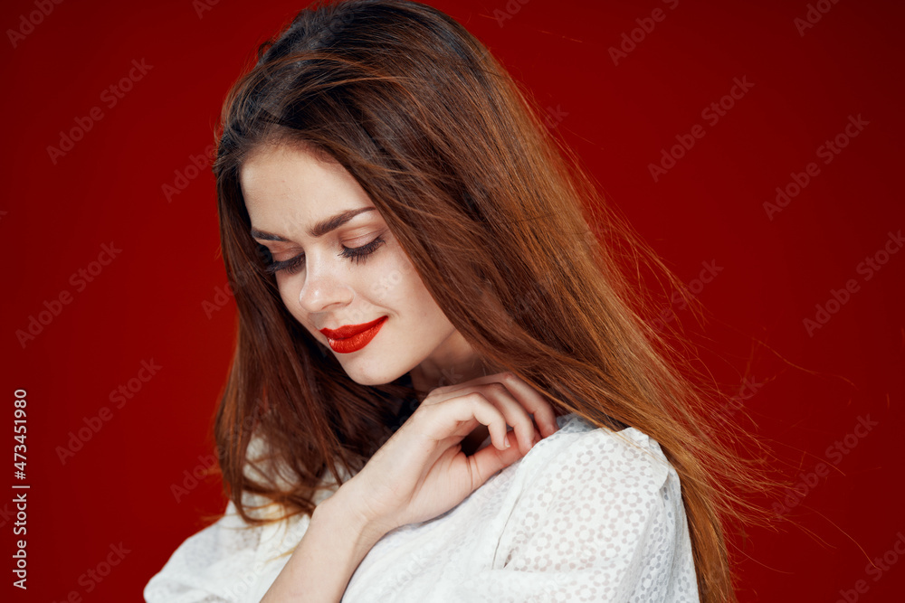fashionable woman with red lips in red white dress isolated background fashionable woman with red lips in red white dress isolated background