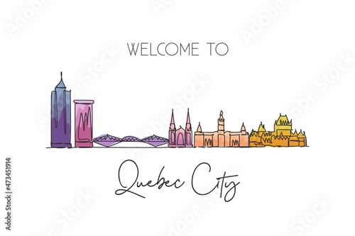 Single continuous line drawing Quebec skyline, Canada. Famous city scraper landscape. World travel destination postcard print concept. Editable stroke modern one line draw design vector illustration