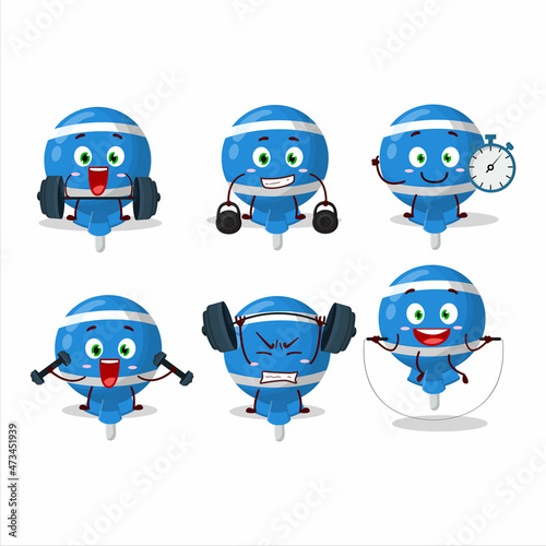 A healthy blue lolipop wrapped cartoon style trying some tools on Fitness center