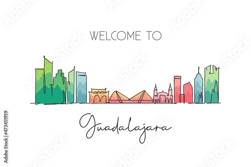 One continuous line drawing Guadalajara city skyline, Mexico. Beautiful landmark postcard. World landscape tourism travel vacation. Editable stylish stroke single line draw design vector illustration
