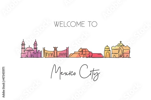 Single continuous line drawing Mexico skyline, Mexico. Famous city scraper landscape. World travel destination postcard print concept. Editable stroke modern one line draw design vector illustration
