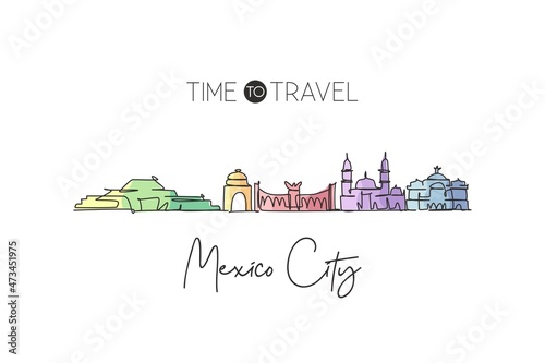 One single line drawing of Mexico city skyline, Mexico. World historical town landscape. Best place holiday destination home decor poster print. Trendy continuous line draw design vector illustration