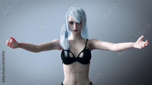 Beautiful portrait of a Cute Girl. Gradien Background. Warm light. Steel armor, Realistic 3d render model with blue hair High quality 3d illustration