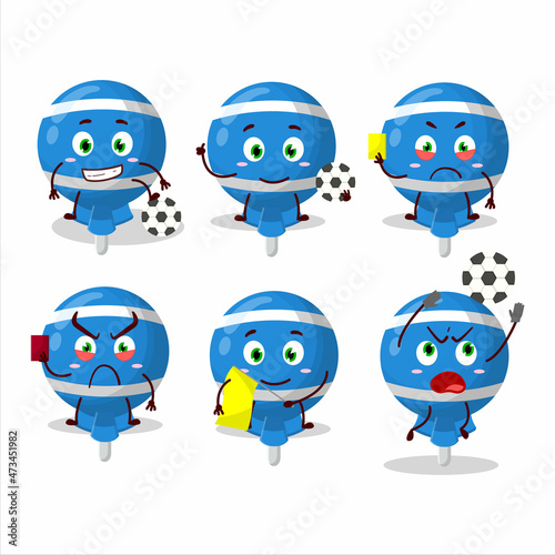 Blue lolipop wrapped cartoon character working as a Football referee