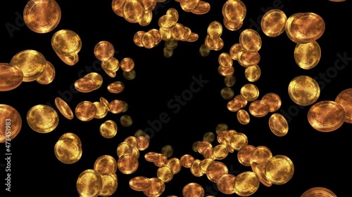 Golden antique coins floating in air on black background. Gold coin in treasure. Business growth concept. Loop animation.