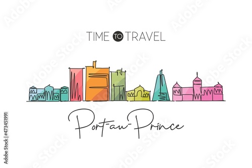 One continuous line drawing of Port au Prince city skyline, Haiti. Beautiful landmark home wall decor poster print. World landscape tourism travel vacation. Single line draw design vector illustration