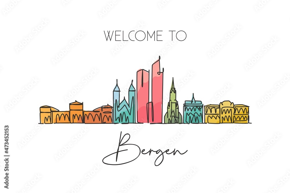 Single continuous line drawing of Bergen city skyline, Norway. Famous ...