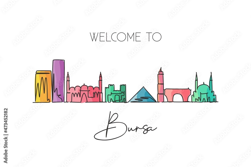 One single line drawing of Bursa city skyline, Turkey. World town landscape home wall art decor poster print. Best place holiday destination. Trendy continuous line draw design vector illustration