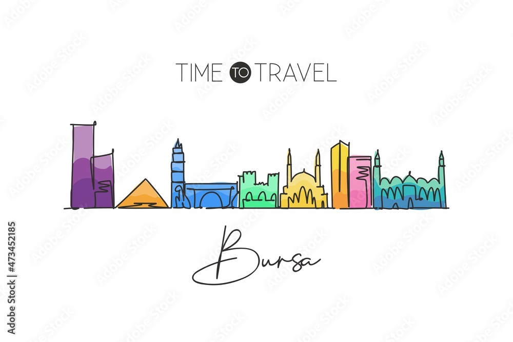 One continuous line drawing of Bursa city skyline, Turkey. Beautiful landmark postcard. World landscape tourism and travel vacation. Editable stylish stroke single line draw design vector illustration