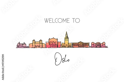 One single line drawing of Oslo city skyline  Norway. World historical town landscape postcard. Best place holiday destination. Editable stroke trendy continuous line draw design vector illustration