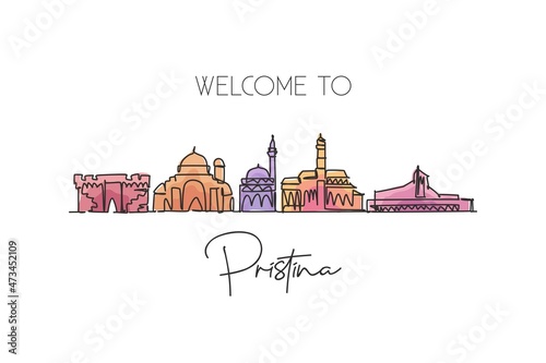 One continuous line drawing Pristina city skyline, Kosovo. Beautiful landmark. World landscape tourism and travel vacation postcard. Editable stylish stroke single line draw design vector illustration