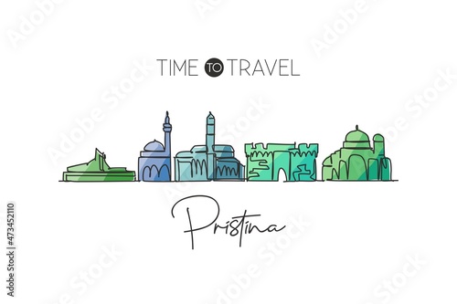 Single continuous line drawing Pristina skyline, Kosovo. Famous city scraper landscape. World travel destination wall home decor poster print concept. Modern one line draw design vector illustration