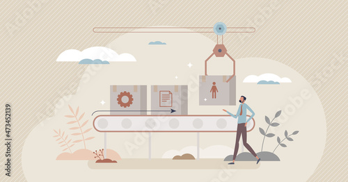 Automation and modern machine work replacing human job tiny person concept. Technology and robots in 4.0 factory for cost effective and productive manufacturing vector illustration. Production control