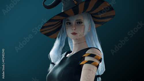 Beautiful portrait of a Cute Girl. Gradien Background. Warm light. Steel armor, Realistic 3d render model with blue hair High quality 3d illustration