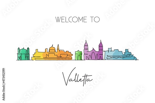 One continuous line drawing of Valletta city skyline, Malta. Beautiful landmark postcard. World landscape tourism travel vacation. Editable stylish stroke single line draw design vector illustration