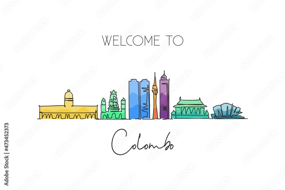 One continuous line drawing Colombo city skyline, Sri Lanka. Beautiful landmark postcard. World landscape tourism travel vacation. Editable stylish stroke single line draw design vector illustration