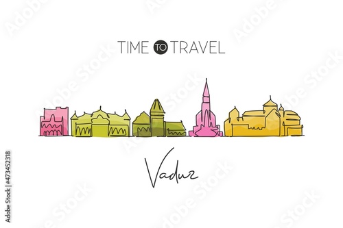 One single line drawing of Vaduz city skyline, Liechtenstein. World town landscape postcard. Best place holiday destination. Editable stroke trendy continuous line draw design vector art illustration