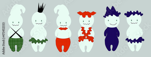 Cute ghosts plaid clothes cap crown wreath hat and diadem on gray background. Isolated vector Halloween theme illustration for clothing print e-mail poster banner and decoration.