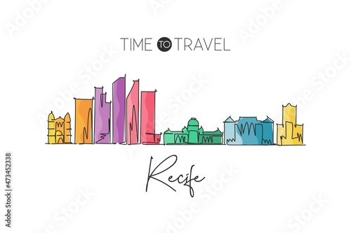 One continuous line drawing of Recife city skyline, Brazil. Beautiful landmark home decor poster print art. World landscape tourism travel vacation. Stylish single line draw design vector illustration
