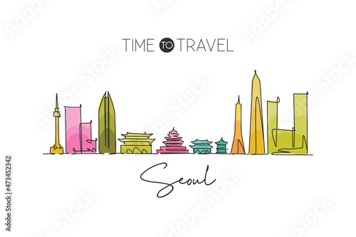 One continuous line drawing of Seoul city skyline, South Korea. Beautiful landmark home decor poster print. World landscape tourism travel vacation. Stylish single line draw design vector illustration